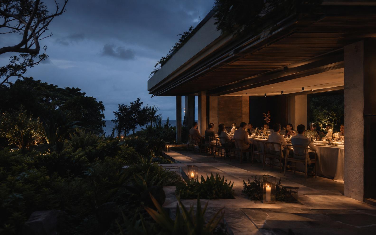 Concept of an elegant outdoor celebration at dusk in Mauritius